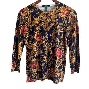Lauren Ralph Lauren Navy Silk Cotton Crest Cardigan M
